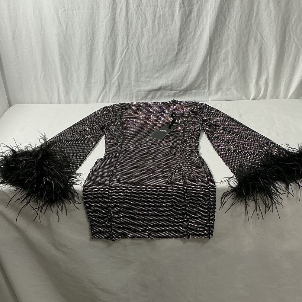 Sequin Feather Cuff Mini Dress - Black